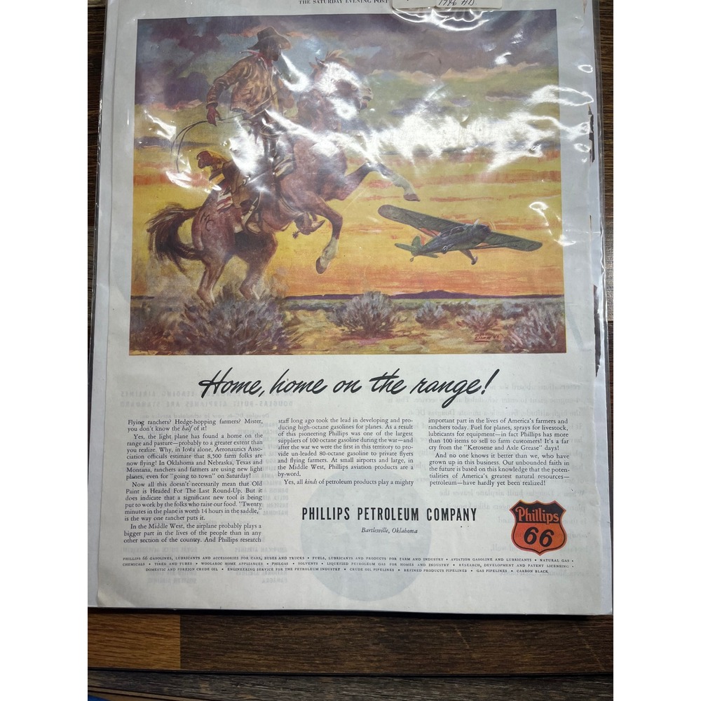 Vintage 1946 Phillips 66 Print Ad Home on the Range Cowboy Horse Airplane Art - Picture 2 of 3